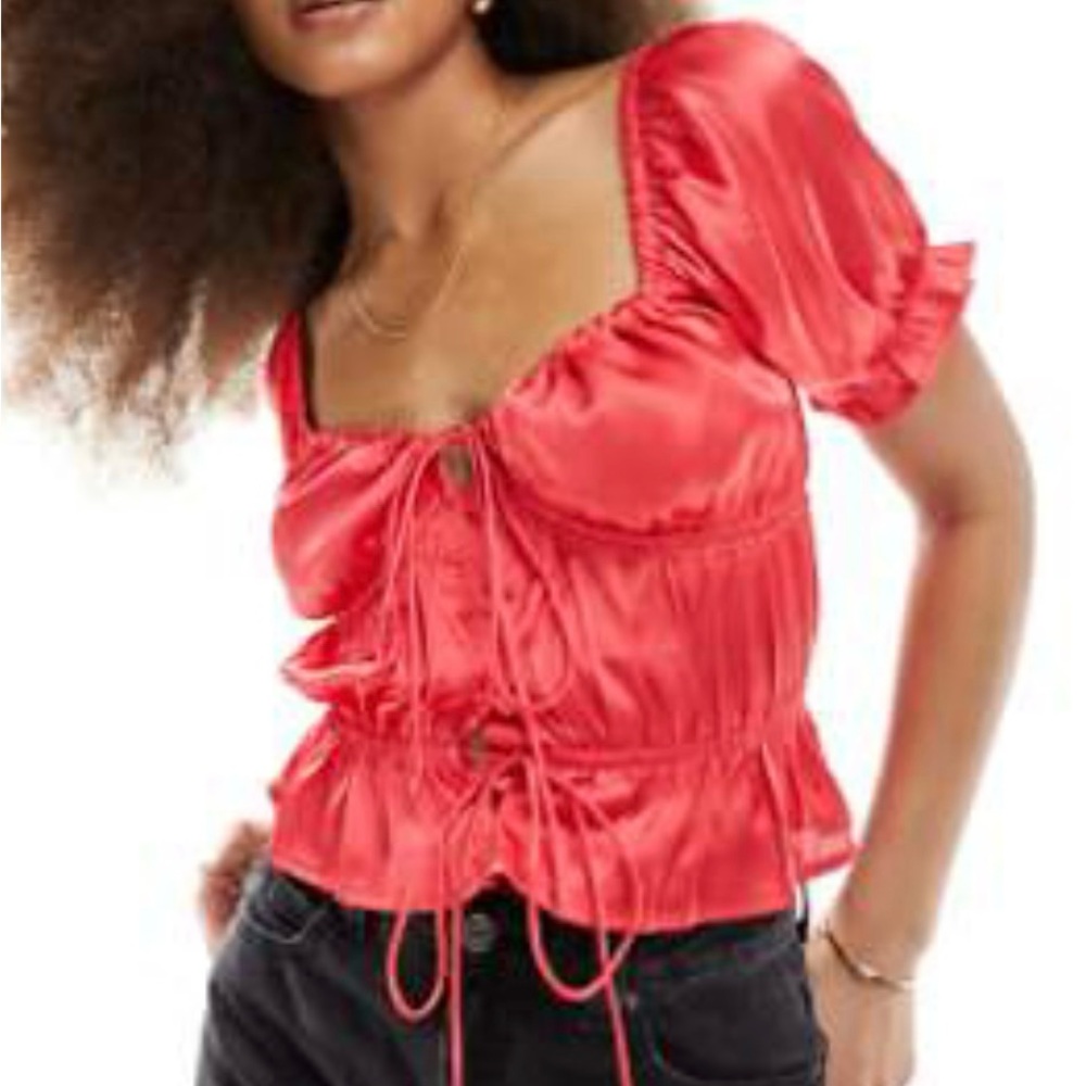 ASOS Red Satin Blouse with Tie Detail